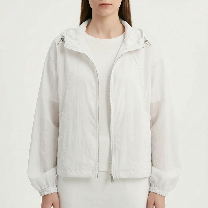 Lightweight hooded windbreaker jacket for women, full zip, ideal for casual spring & summer wear.