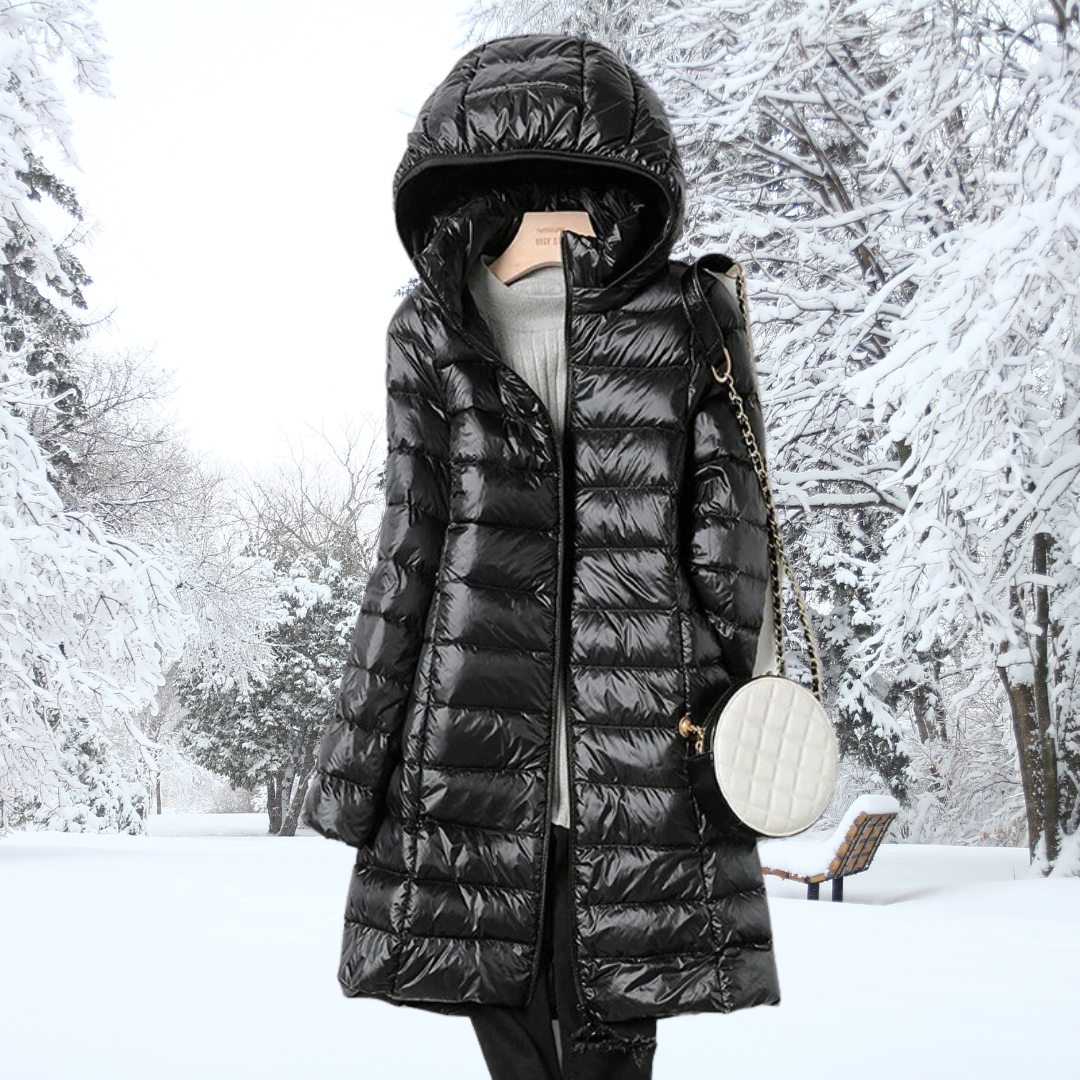 Warm women's insulated hooded jacket, lightweight outerwear for cold fall & winter days.