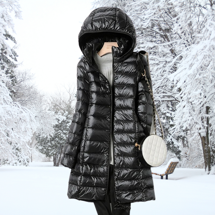 Warm women's insulated hooded jacket, lightweight outerwear for cold fall & winter days.