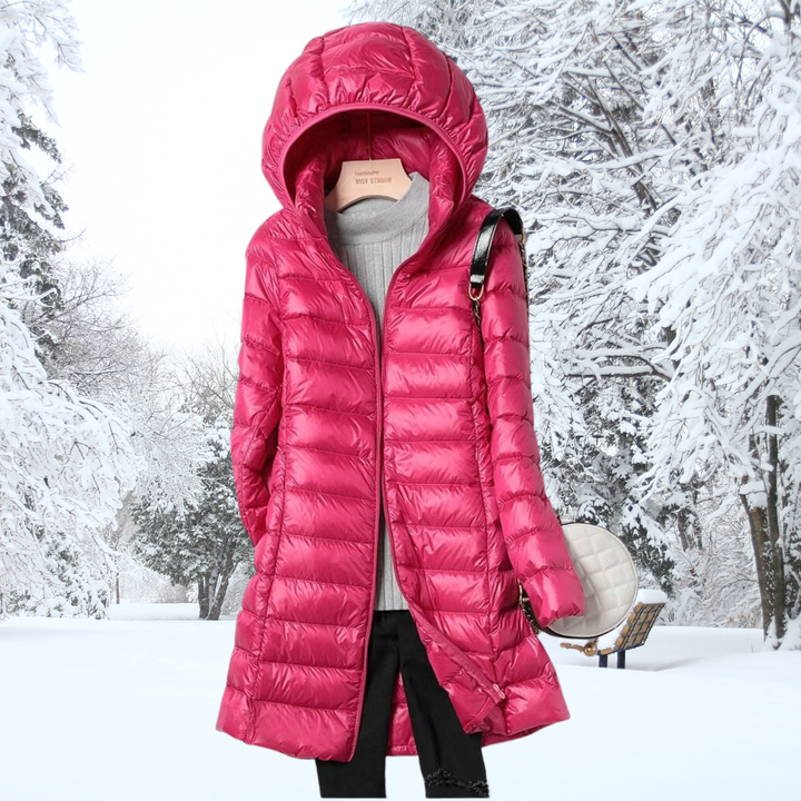 Comfortable women's lightweight hooded puffer jacket, insulated outerwear for everyday wear.