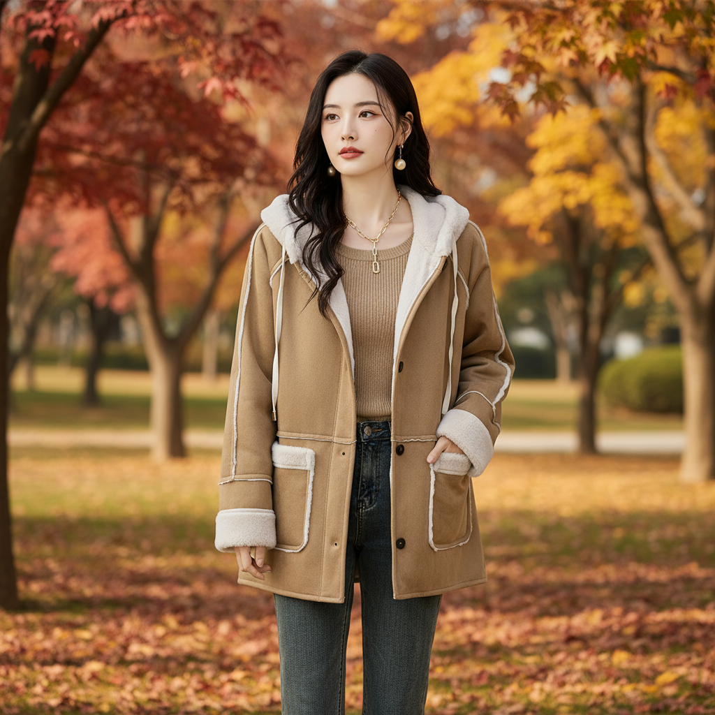 Women's lightweight khaki hoodie jacket, button front, casual, perfect for autumn & spring, polyester