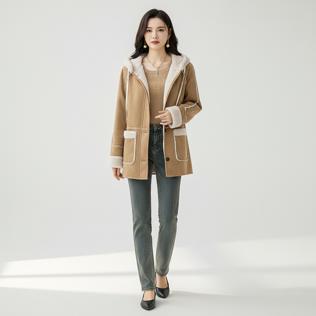 Stylish women's lightweight khaki jacket with hood, front buttons, ideal for all-season casual wear