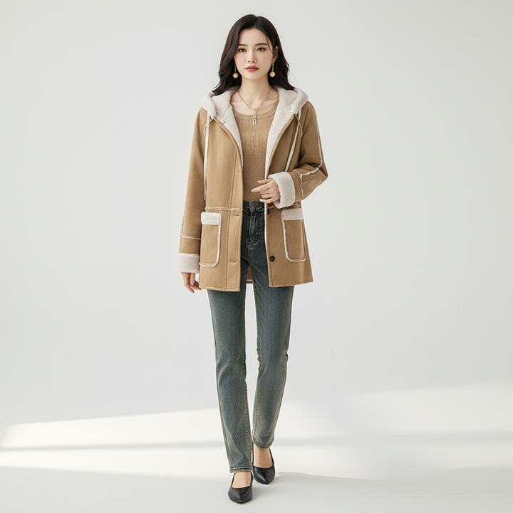 Stylish women's lightweight khaki jacket with hood, front buttons, ideal for all-season casual wear