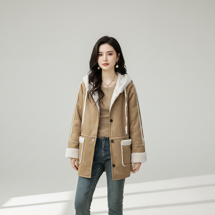 Casual women's khaki hooded jacket, button-up design, lightweight for spring wear and autumn layering