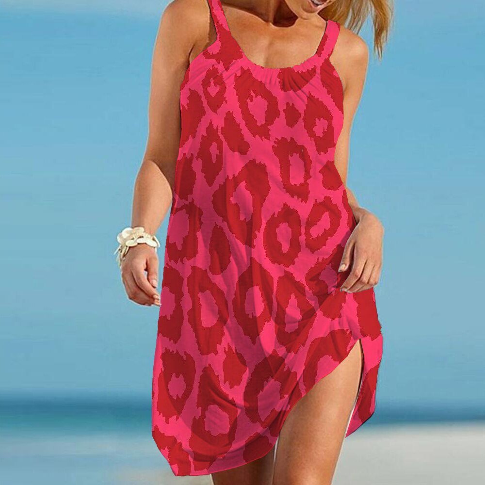 Women's lightweight leopard print summer midi dress, perfect casual beach wear.