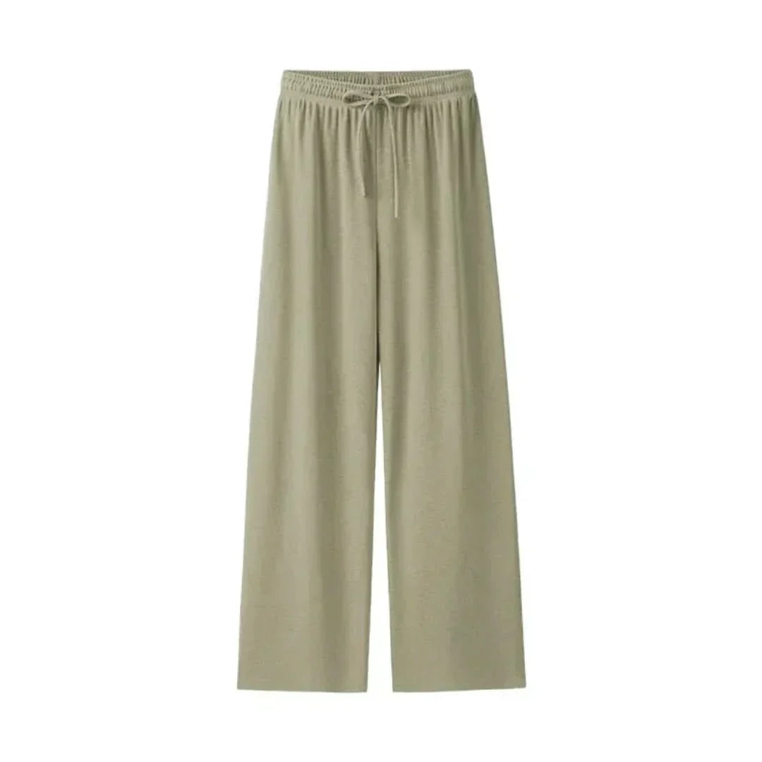 Close-up of fabric texture of women's summer linen blend trousers