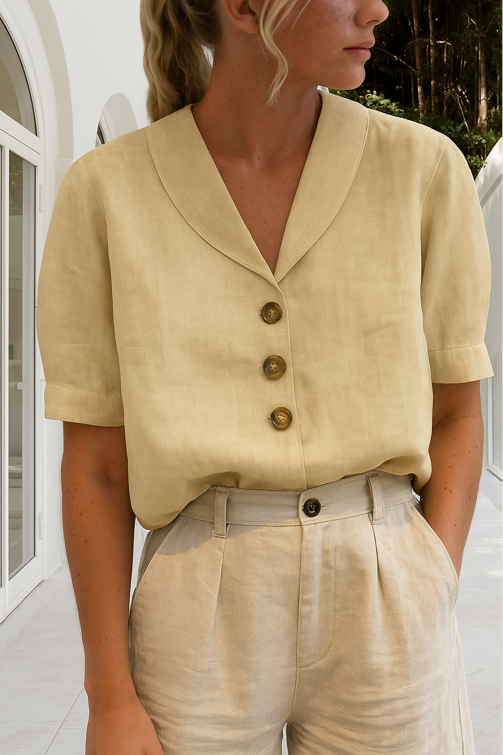 Casual women's linen t-shirt with short sleeves, perfect for a relaxed summer fashion look.