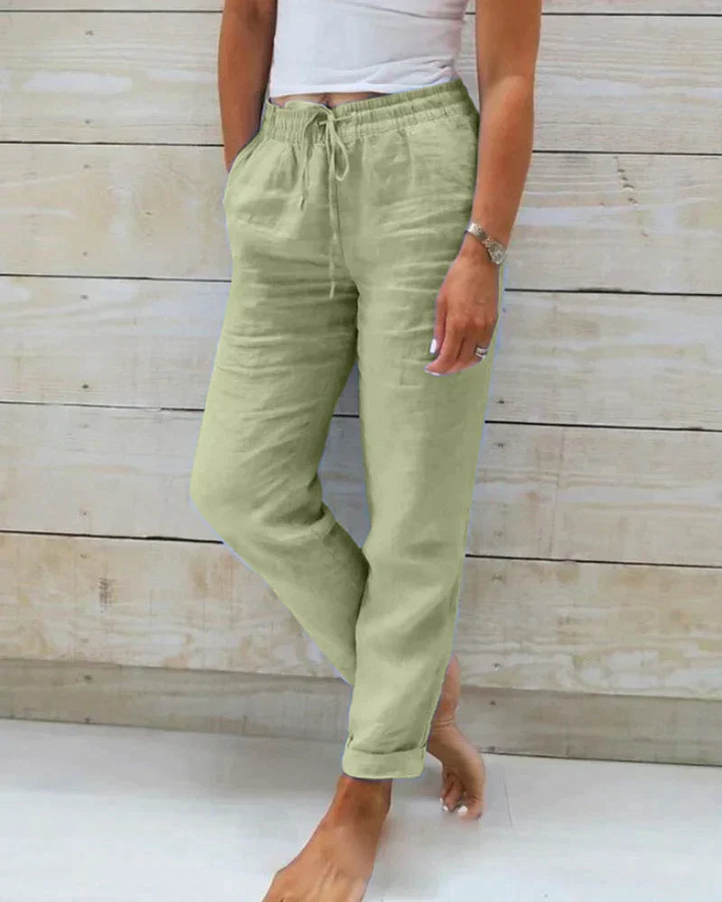 Stylish women's lightweight linen trousers. Breathable and comfortable summer pants for everyday casual wear.