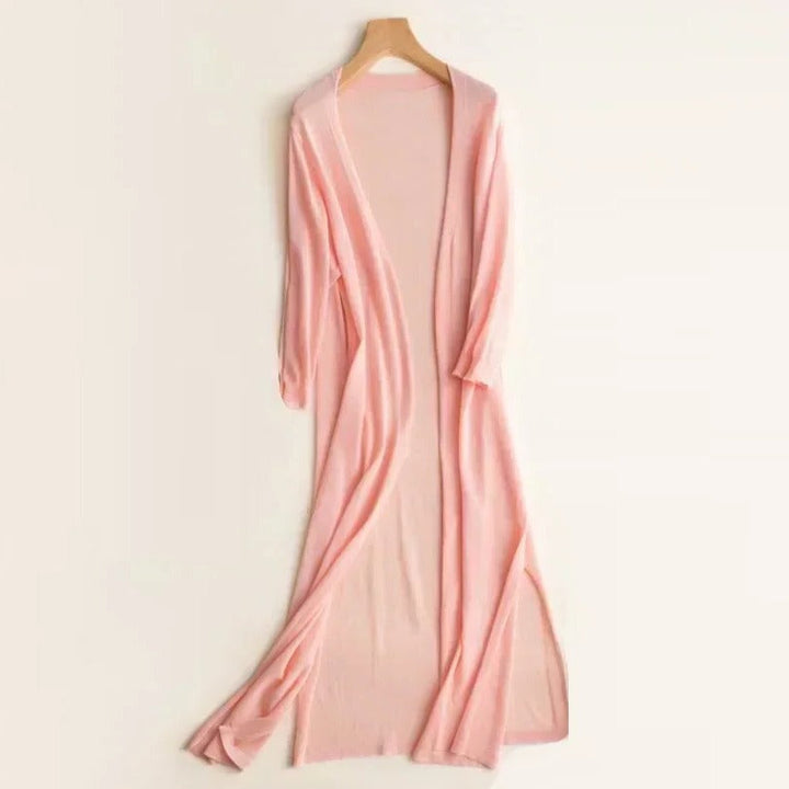 Chic women's lightweight long cardigan, ideal fall fashion outerwear for a stylish & comfy look.