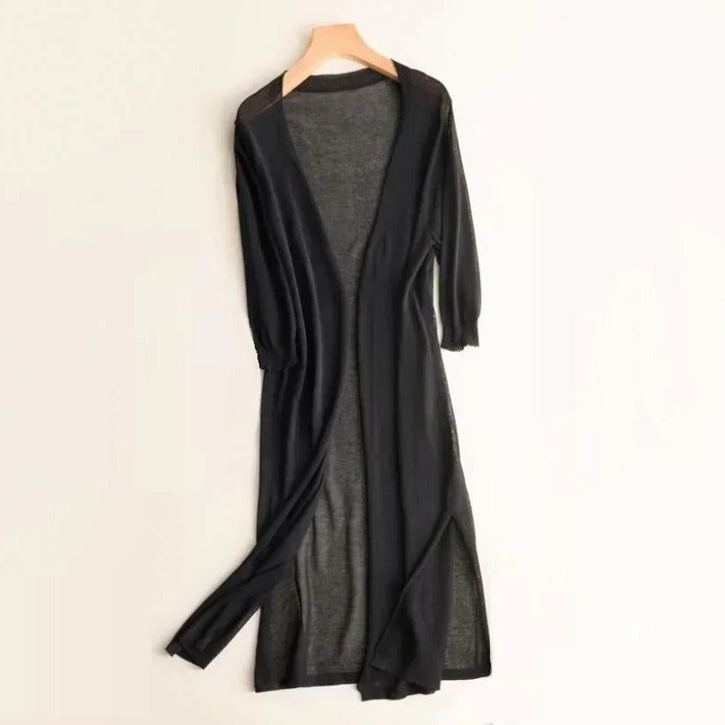 Breezy women's lightweight long cardigan, perfect spring outerwear & versatile layering piece.
