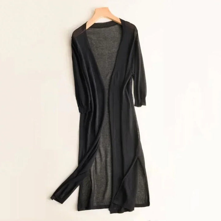 Breezy women's lightweight long cardigan, perfect spring outerwear & versatile layering piece.