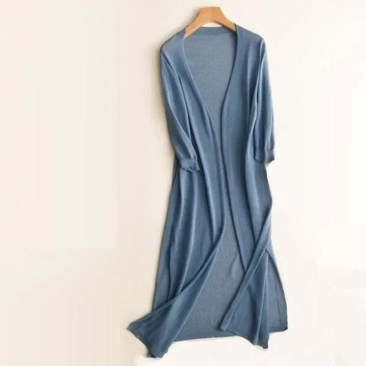 Elegant women's long cardigan, lightweight and open-front, perfect for modern layering & versatile style.