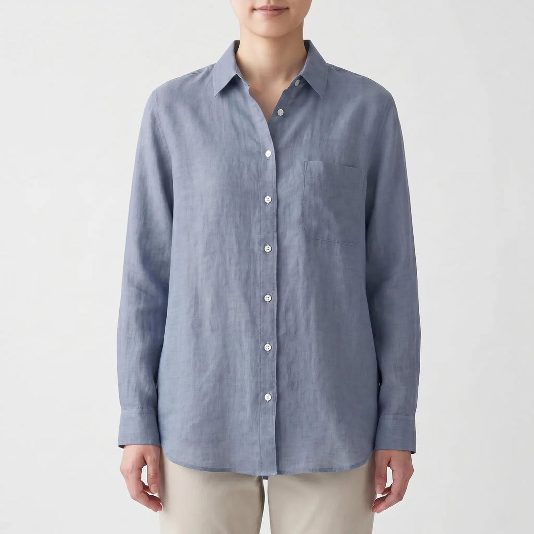 Breathable women's lightweight button-up shirt, ideal for spring and summer fashion. Classic versatile style.