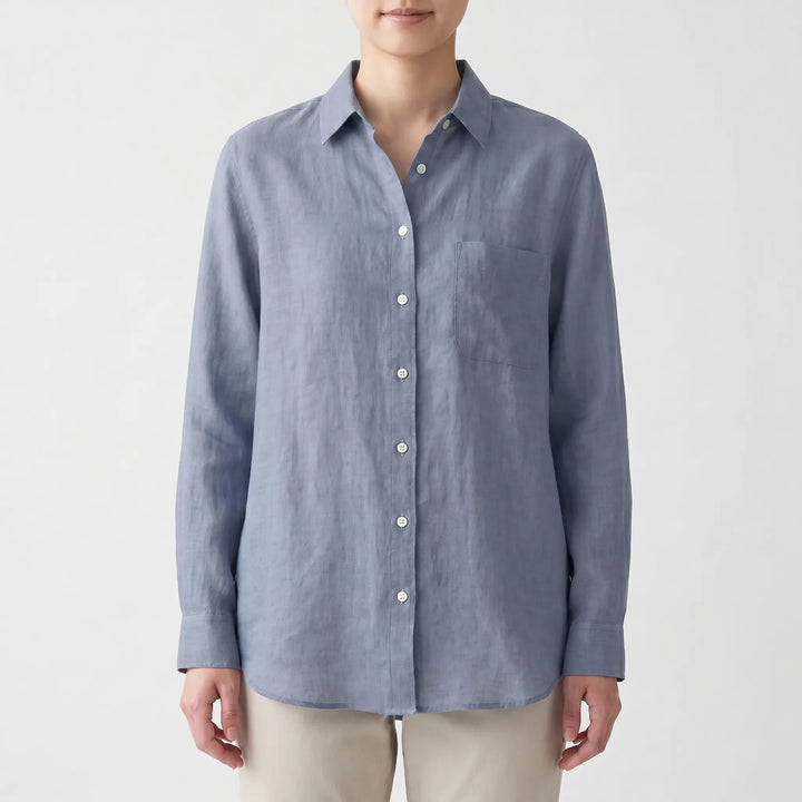 Breathable women's lightweight button-up shirt, ideal for spring and summer fashion. Classic versatile style.