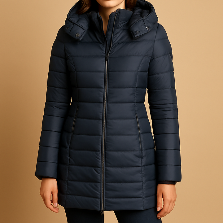 Casual women's quilted winter jacket with hood, providing lightweight warmth for daily activities & travel.