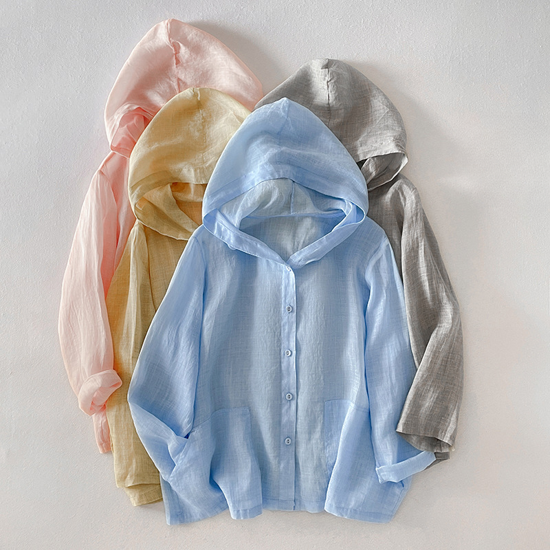 Lightweight, breathable, button-front women's summer hoodie, a versatile & relaxed fit casual top.