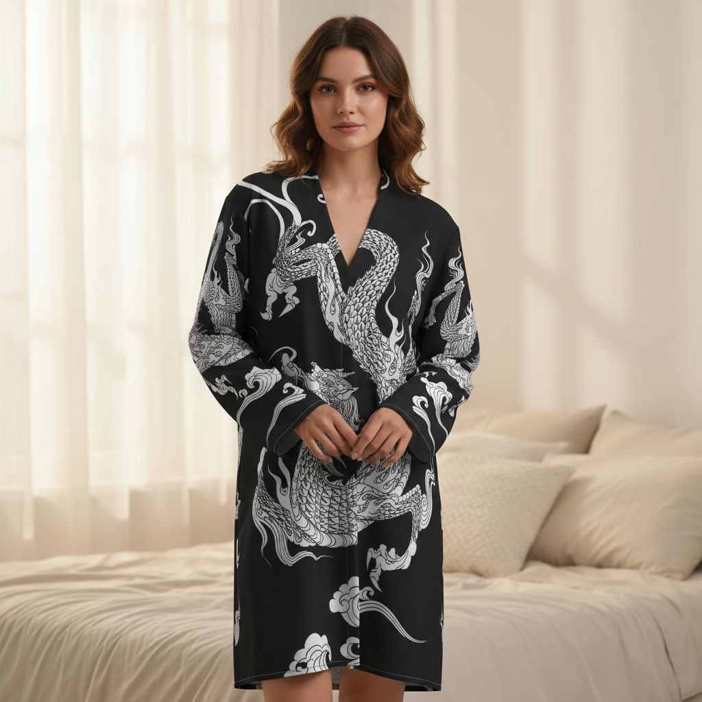 Women's lightweight robe with intricate dragon print, ideal for comfortable loungewear