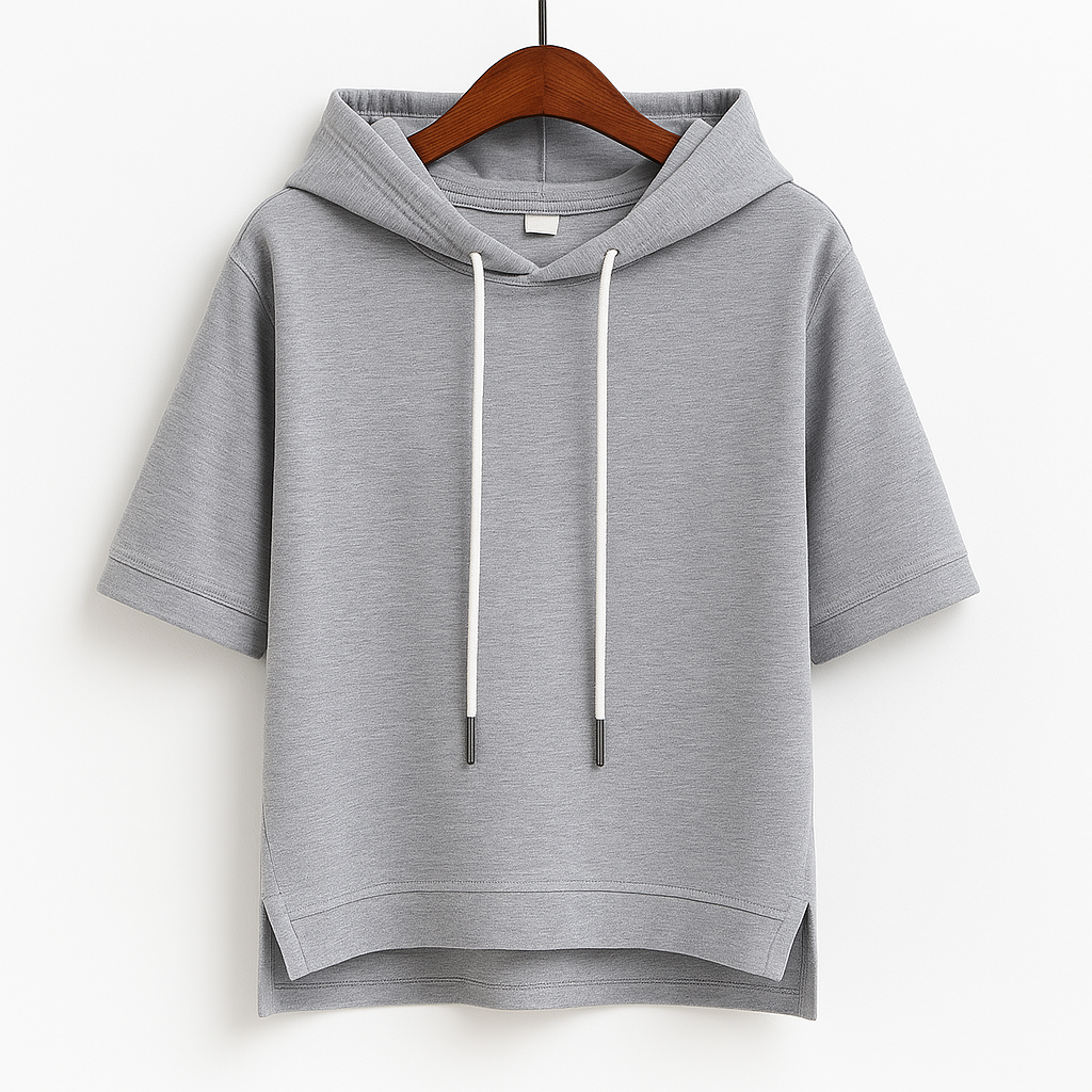 Stylish women's short sleeve hoodie with drawstring, ideal for spring & summer casual wear. Lightweight comfort.