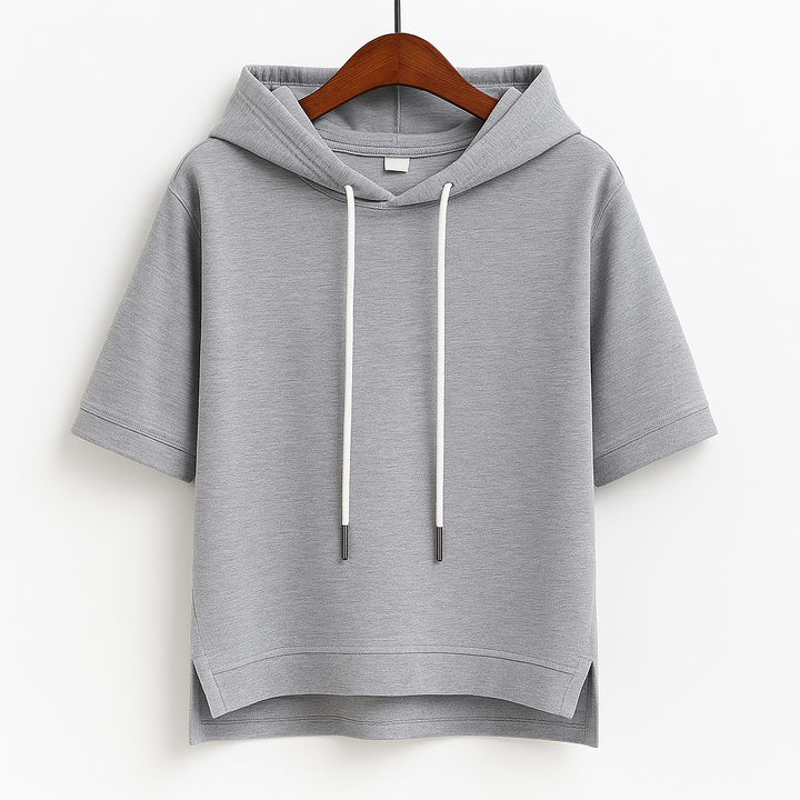 Stylish women's short sleeve hoodie with drawstring, ideal for spring & summer casual wear. Lightweight comfort.