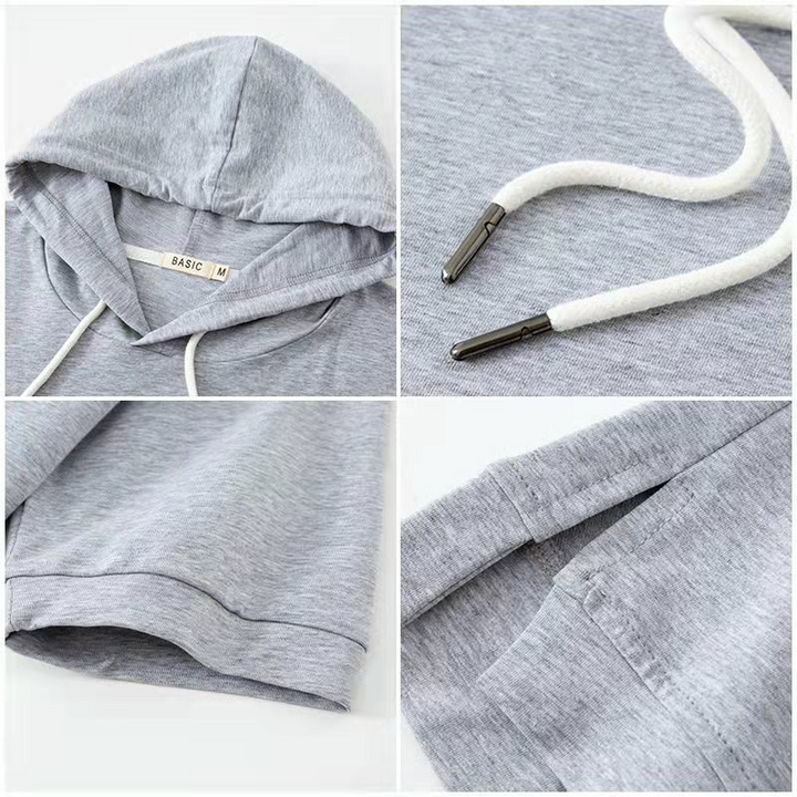 Casual women's short sleeve hoodie with drawstring hood. Lightweight design for everyday spring & summer style.