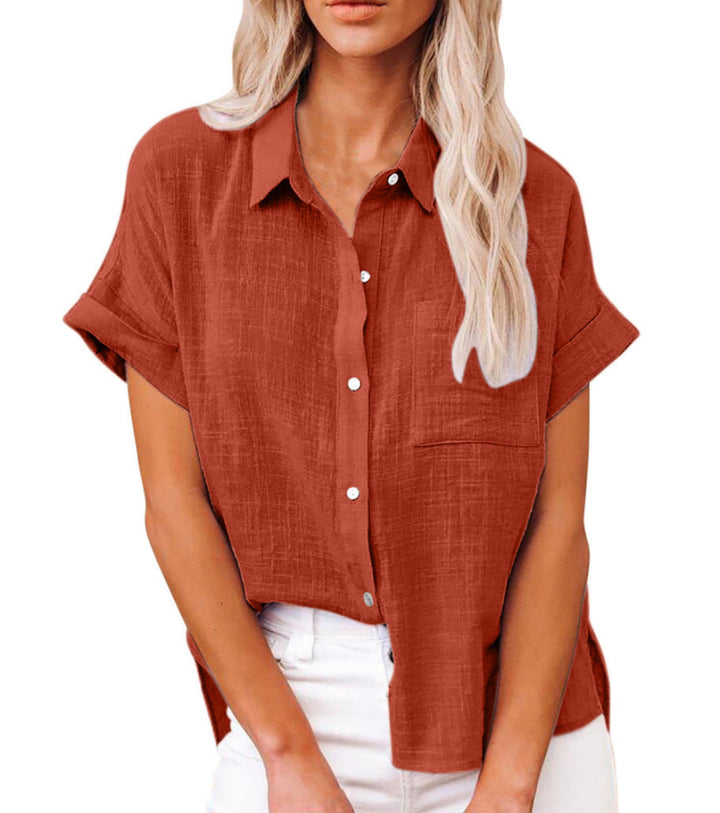Stylish women's summer blouse with short sleeves and a relaxed fit, featuring a button-front design.