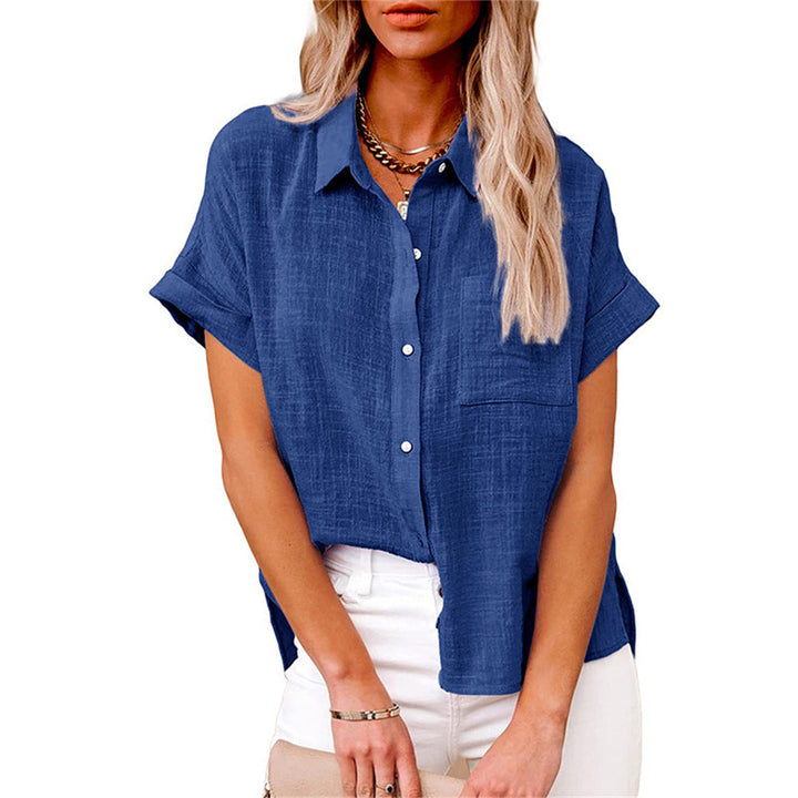 Lightweight short sleeve button-up shirt for women, a cool and casual top with a front pocket.