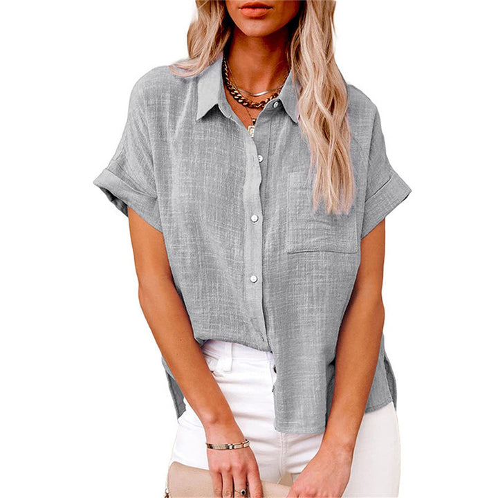Women's casual short sleeve button-front shirt with a relaxed fit, great for warm weather comfort.