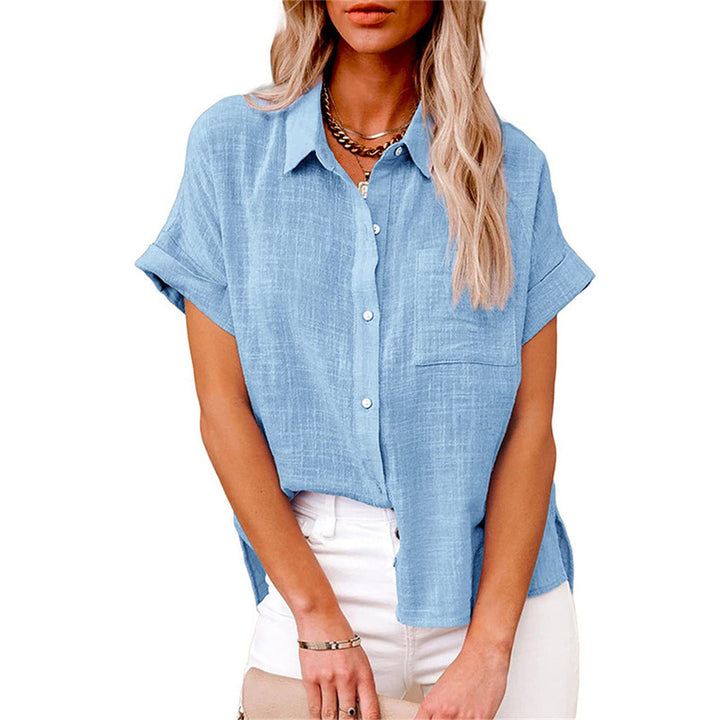 Light summer top: a women's short sleeve blouse with front pocket detail, ideal for everyday style.