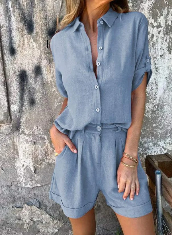 Women's summer fashion: lightweight shorts and top matching set for comfortable, relaxed wear.