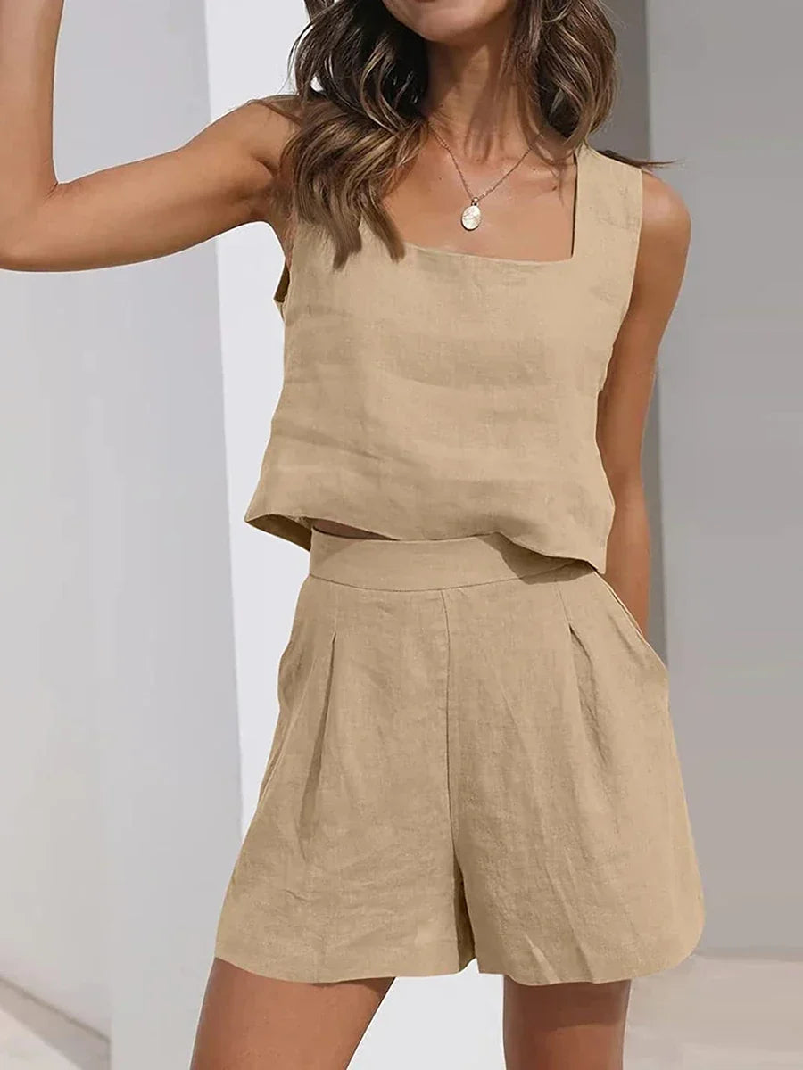 Women's lightweight sleeveless crop top & shorts matching set, perfect for summer casual wear and comfort.