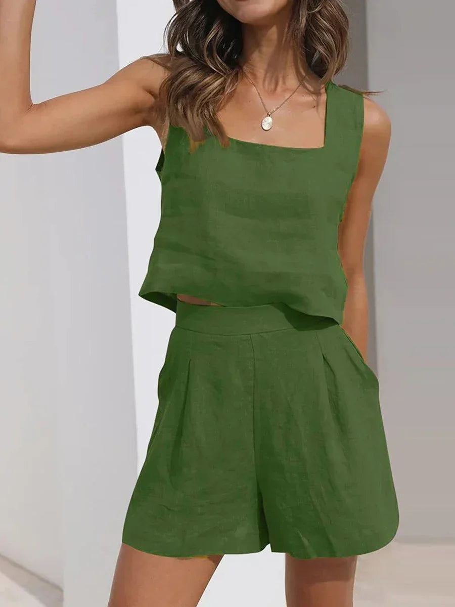Lightweight sleeveless crop top and matching shorts, a comfortable summer outfit for women.
