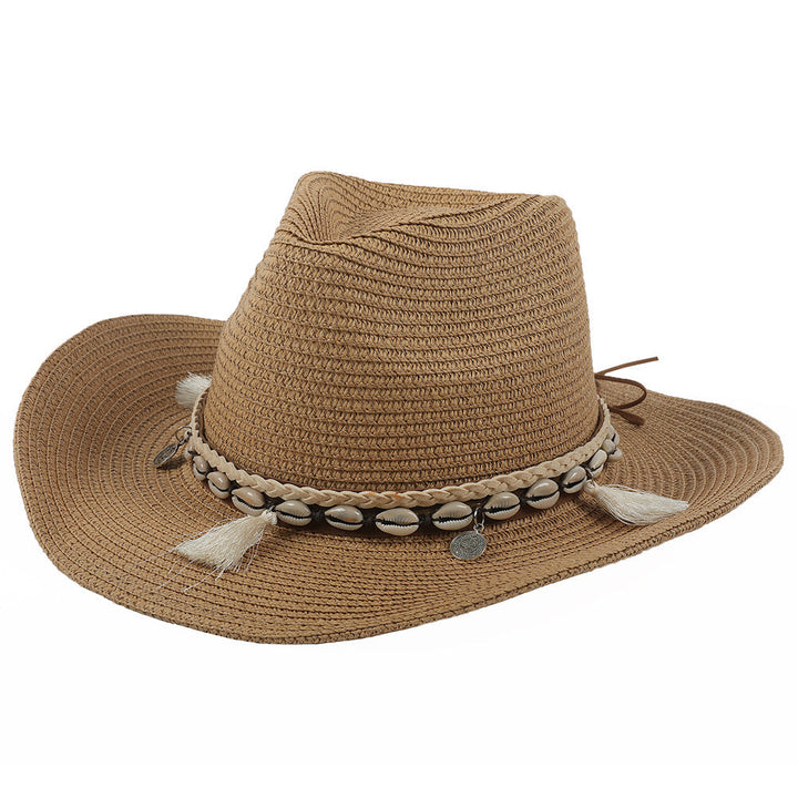Boho style women's summer hat featuring delicate shell accents and playful tassels for sun protection.