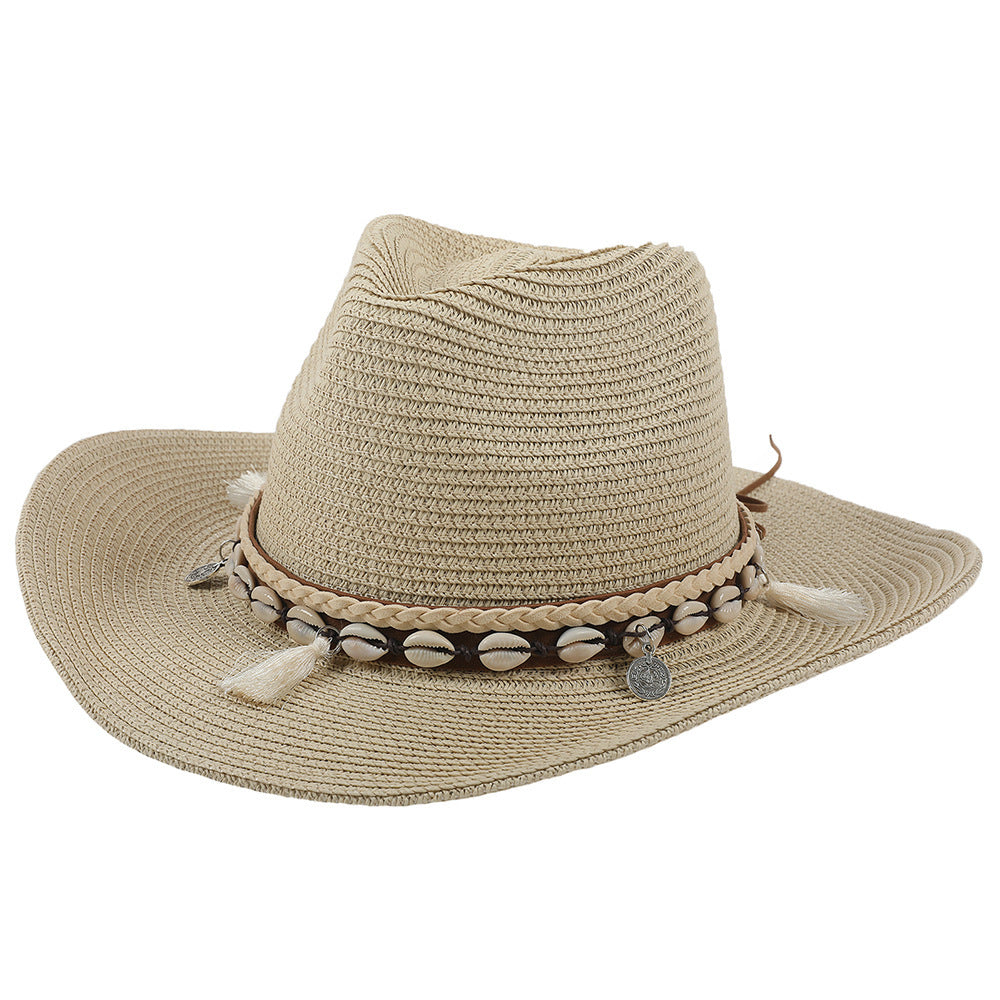 Jasmine lightweight women's sun hat with unique shell detail and a tassel band, ideal for vacation.