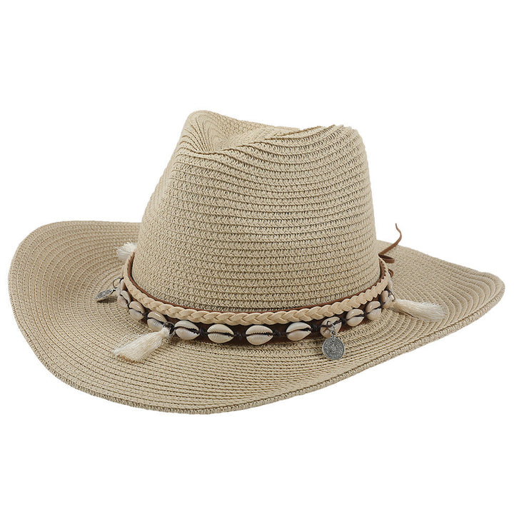 Jasmine lightweight women's sun hat with unique shell detail and a tassel band, ideal for vacation.