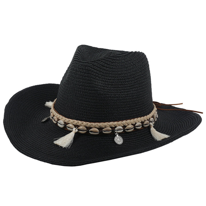 Stylish women's beach accessory: a lightweight summer hat adorned with shells and tassels for sun.