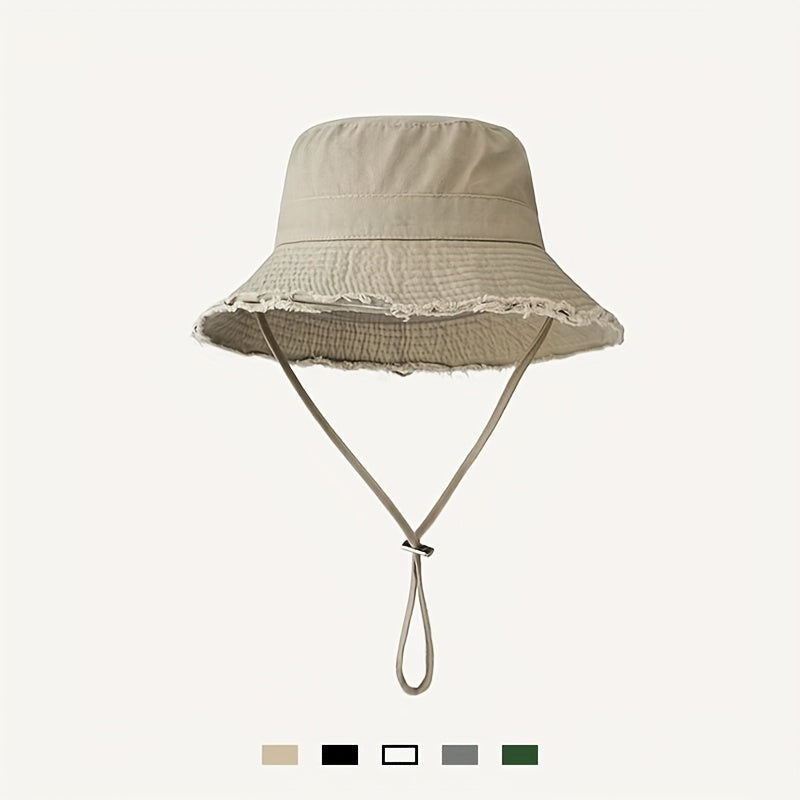 Stylish women's beach bucket hat with drawstring, offering sun protection for summer adventures. Foldable & light.