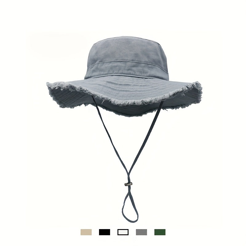 Gray women's breathable bucket hat, adjustable drawstring, perfect for summer beach & sun protection. Lightweight.