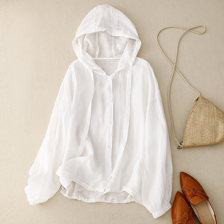 Comfortable breezy women's summer top, relaxed fit hoodie for vacation and warm weather.