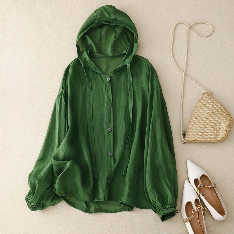 Relaxed fit women's summer hoodie, a comfortable and stylish button-front long-sleeve top.
