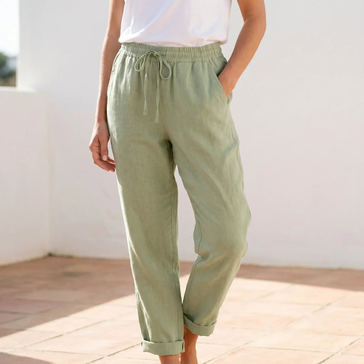 Women's lightweight summer pants with drawstring, relaxed fit, and tapered ankle-length for comfortable casual wear.