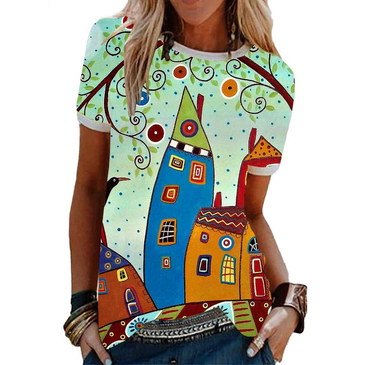 Lightweight women's printed summer t-shirt, comfortable and breathable stretch fabric top