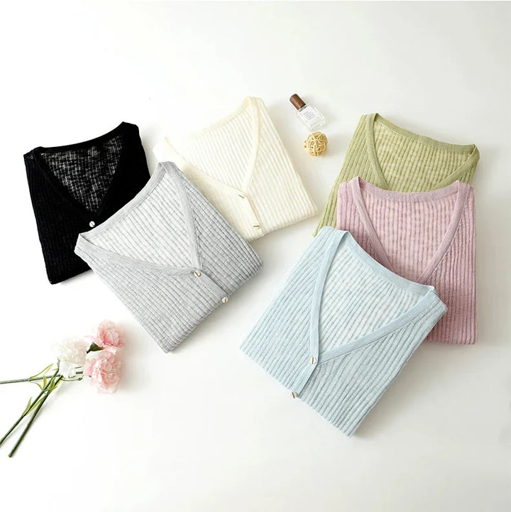 Women's lightweight V-neck cardigan sweater. Elegant, comfortable, & versatile for spring/fall layering & daily use.