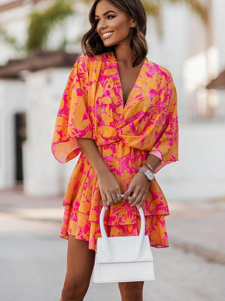 Women's lightweight V-neck mini dress, perfect for casual summer days and beachwear.