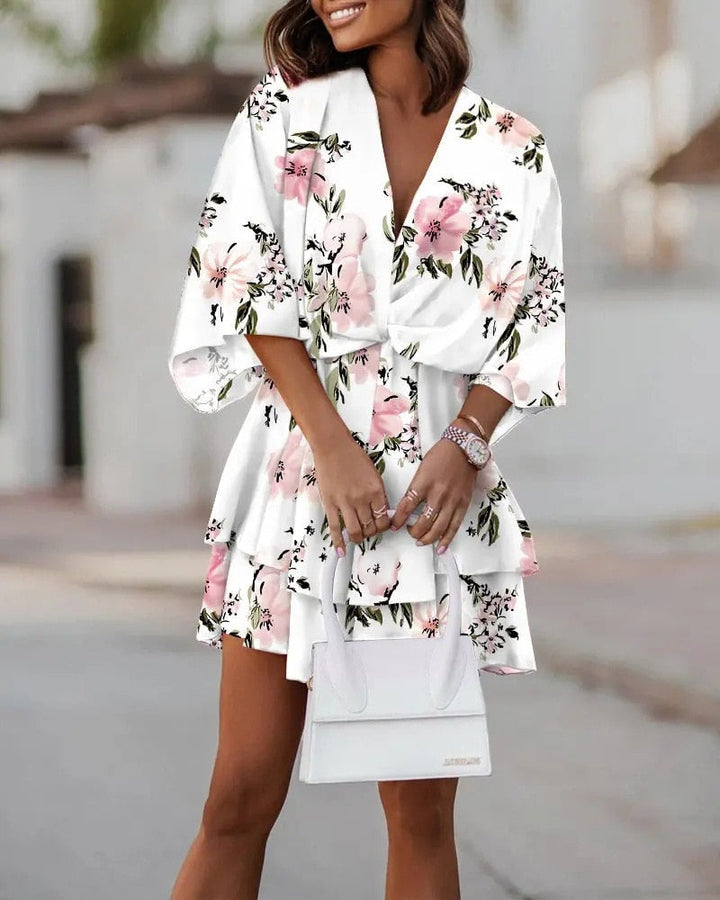 Comfortable V-neck mini dress, a women's lightweight and loose-fitting summer staple.