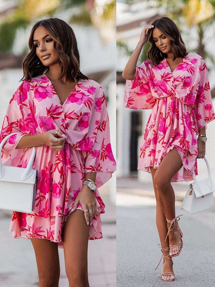 Loose fit V-neck mini dress for women, offering comfortable and versatile summer style.