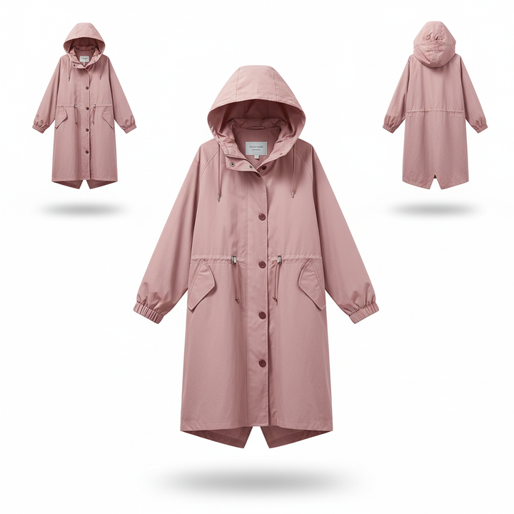 Woman wearing an oversized lightweight rain jacket in a park, perfect for spring or fall fashion