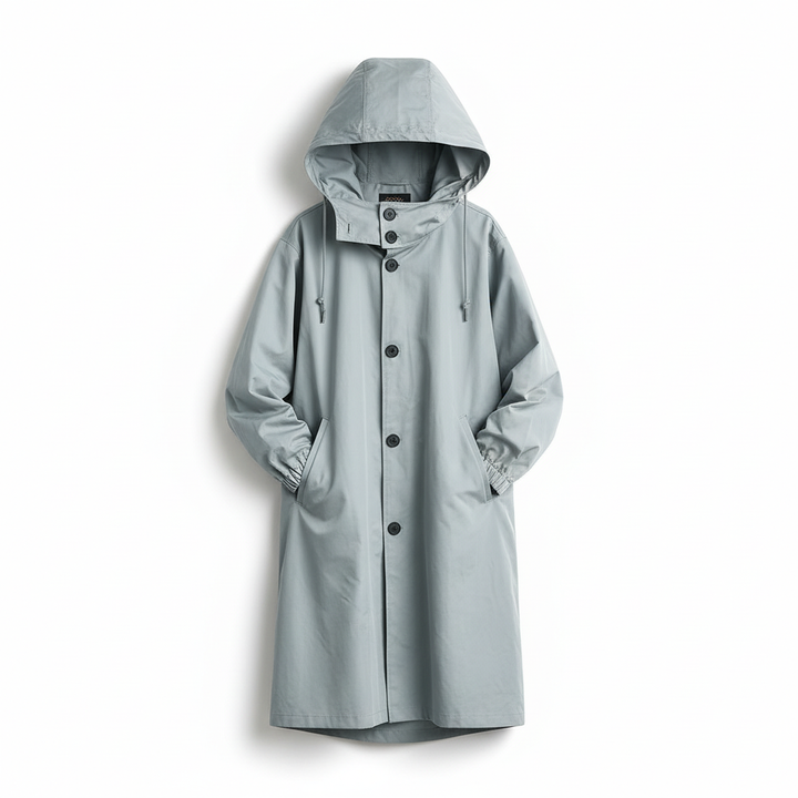 Back view of the women's oversized rain jacket, highlighting its comfortable fall fashion style