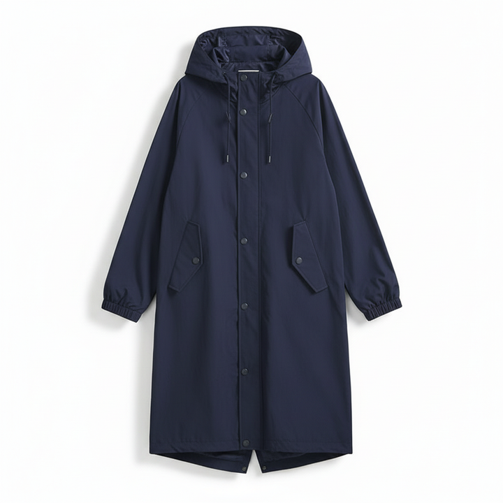 Lifestyle shot of women's lightweight rain jacket being worn during a light drizzle, travel-friendly