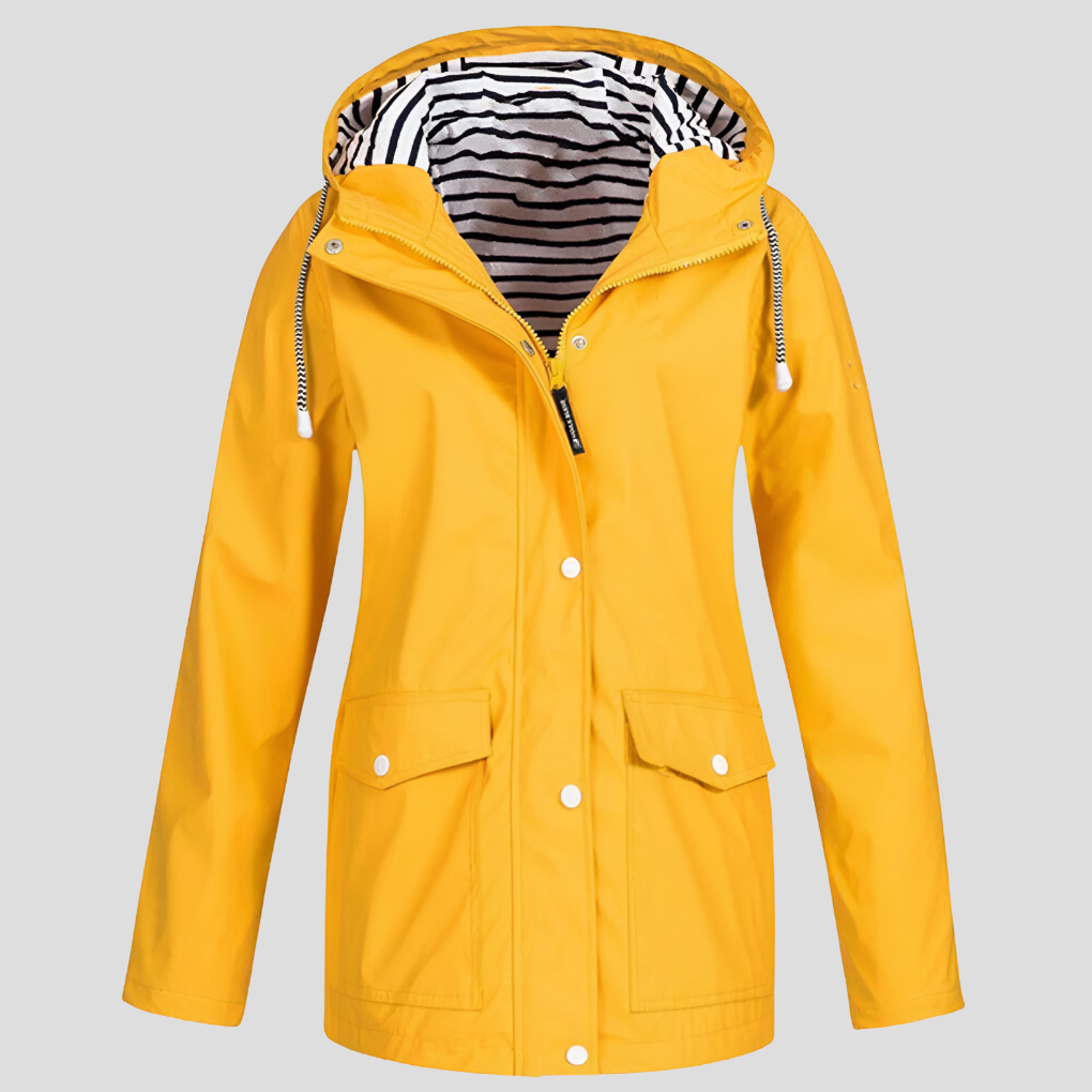 Women's lightweight waterproof windbreaker jacket with an adjustable hood, ideal for outdoor activities & travel.