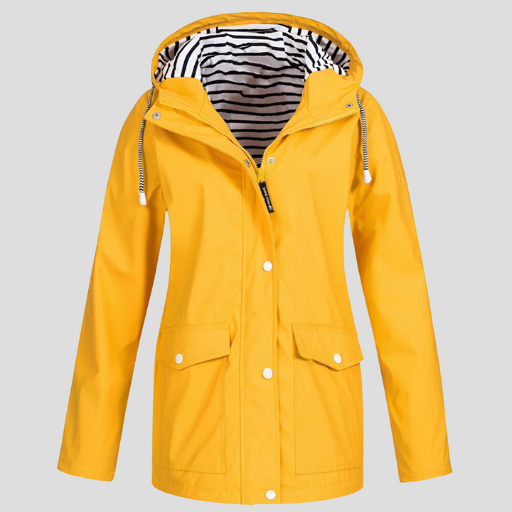 Women's lightweight waterproof windbreaker jacket with an adjustable hood, ideal for outdoor activities & travel.